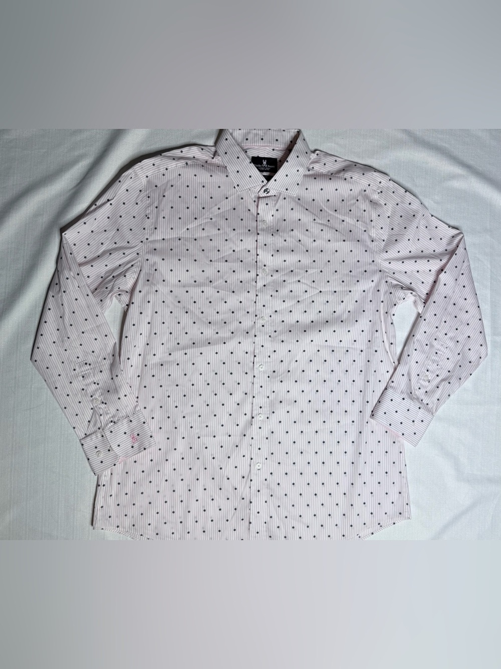 Psycho Bunny Men’s Dress Shirt 16.5 32/33 Pink Stripe Blue Dot Modern Fit